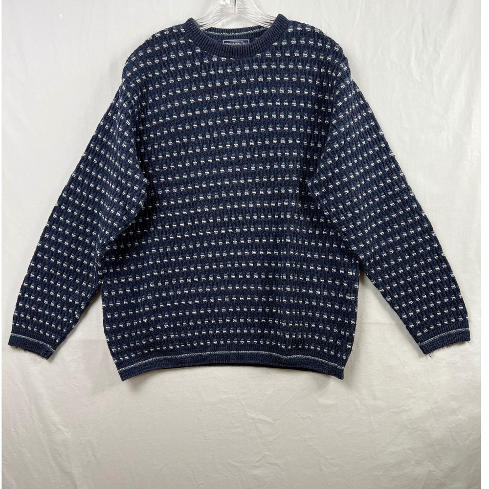 Susquehanna Trail Sweater Mens L Navy Blue Birds Eye Knit Cotton Blend Pullover